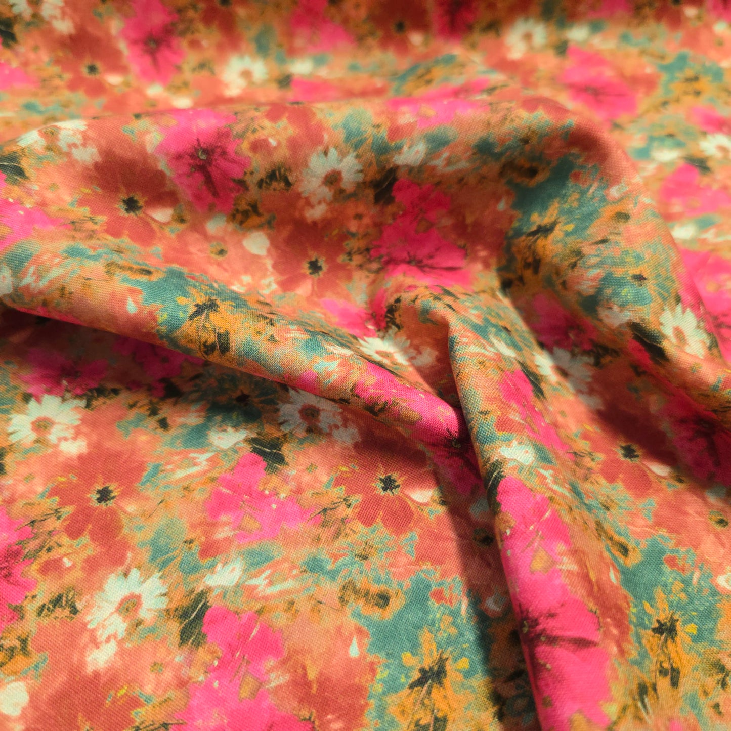 Make + Believe Pink Petals with Greens & Warm Orange Base 100% Cotton Fabric 112cm