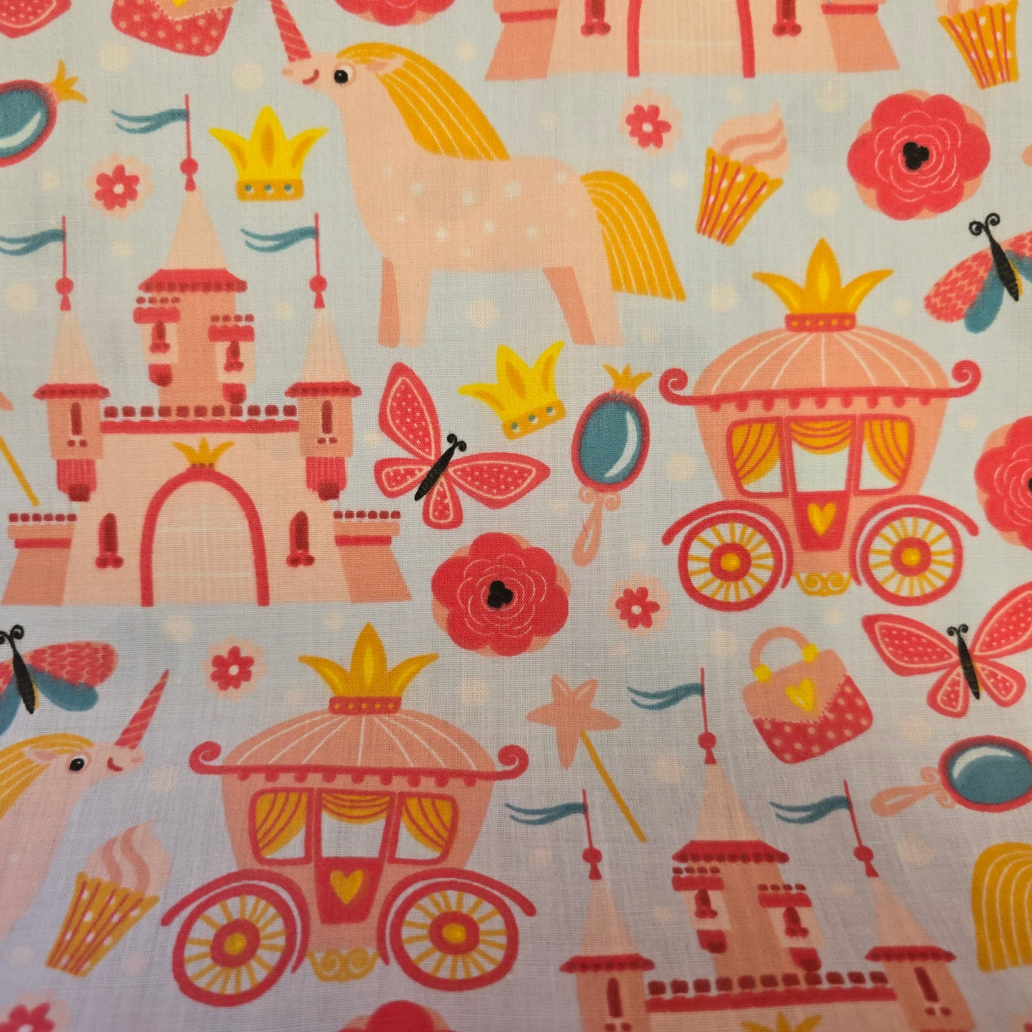 Polycotton Fabric Carriages, Castles & Unicorns on Pale Blue | 112cm Wide