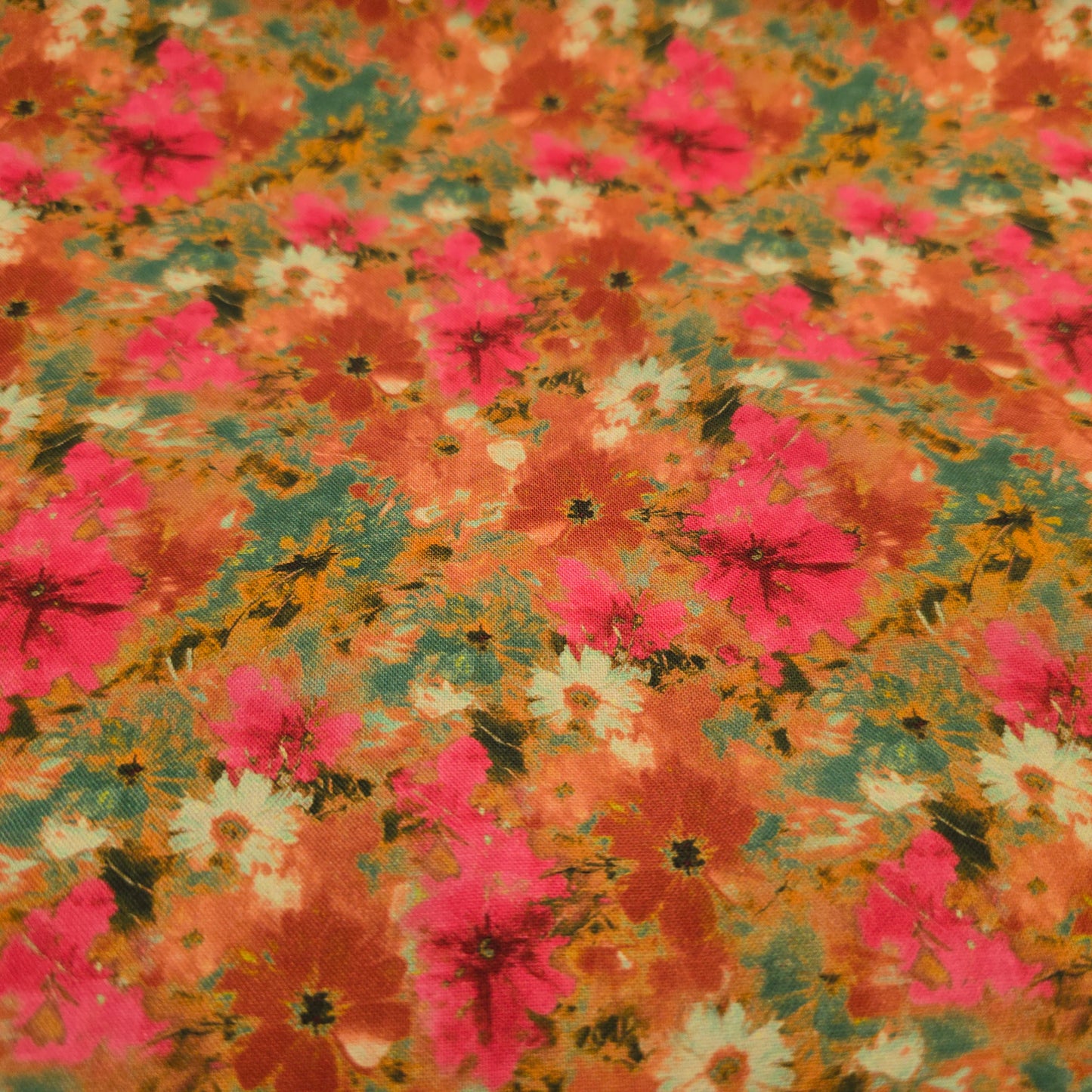 Make + Believe Pink Petals with Greens & Warm Orange Base 100% Cotton Fabric 112cm