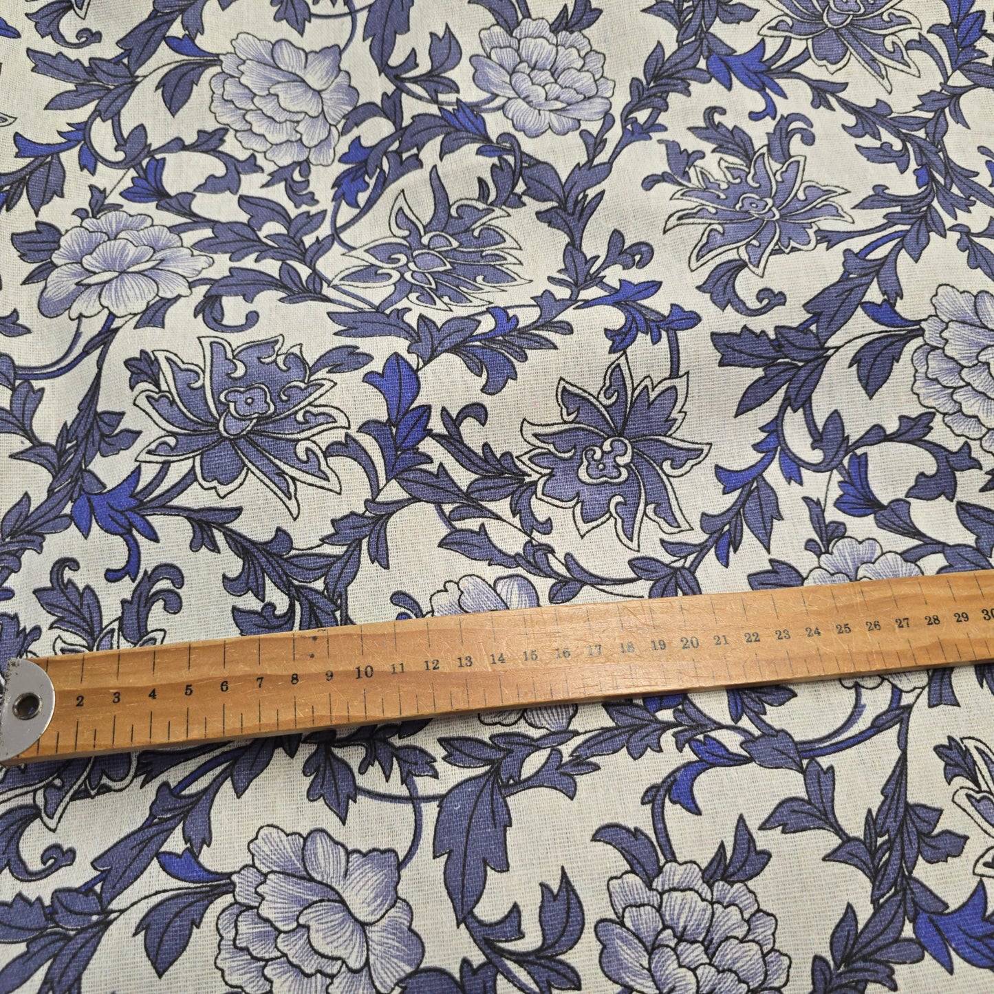 Cotton Mix Canvas Fabric - Blue Floral on Natural 150cm Width