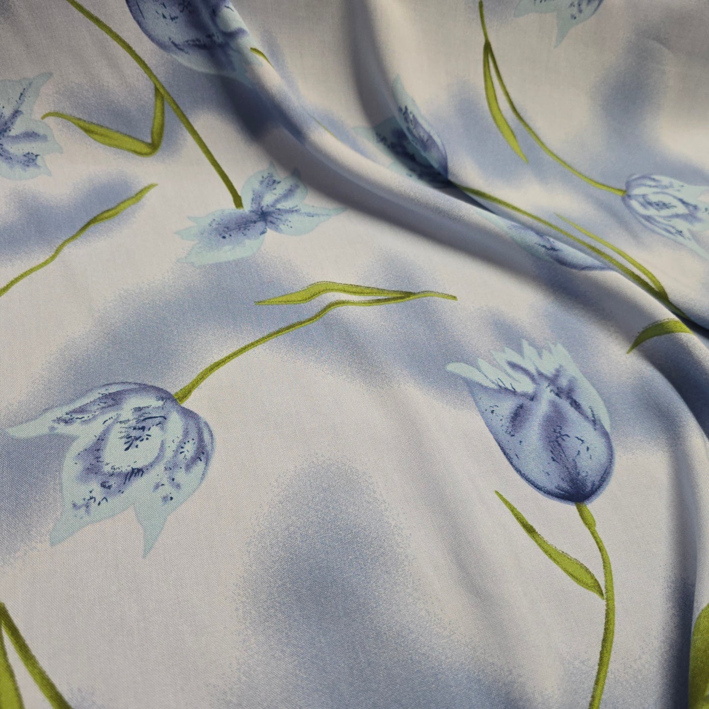 Viscose Dress Fabric Summer Blue and Green Flowers on Blue 145cm Width