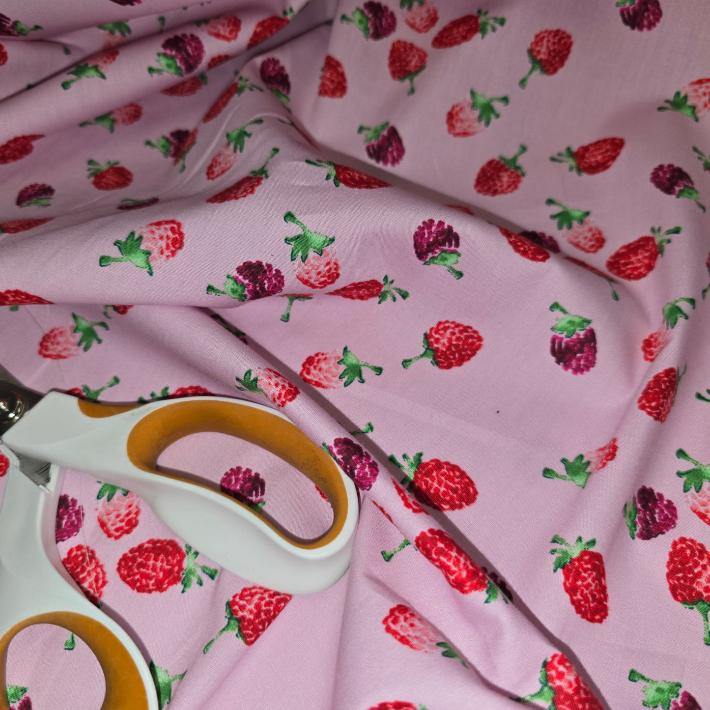 Red & Purple Raspberries on White 100% Cotton Poplin Fabric  | 145cm Wide