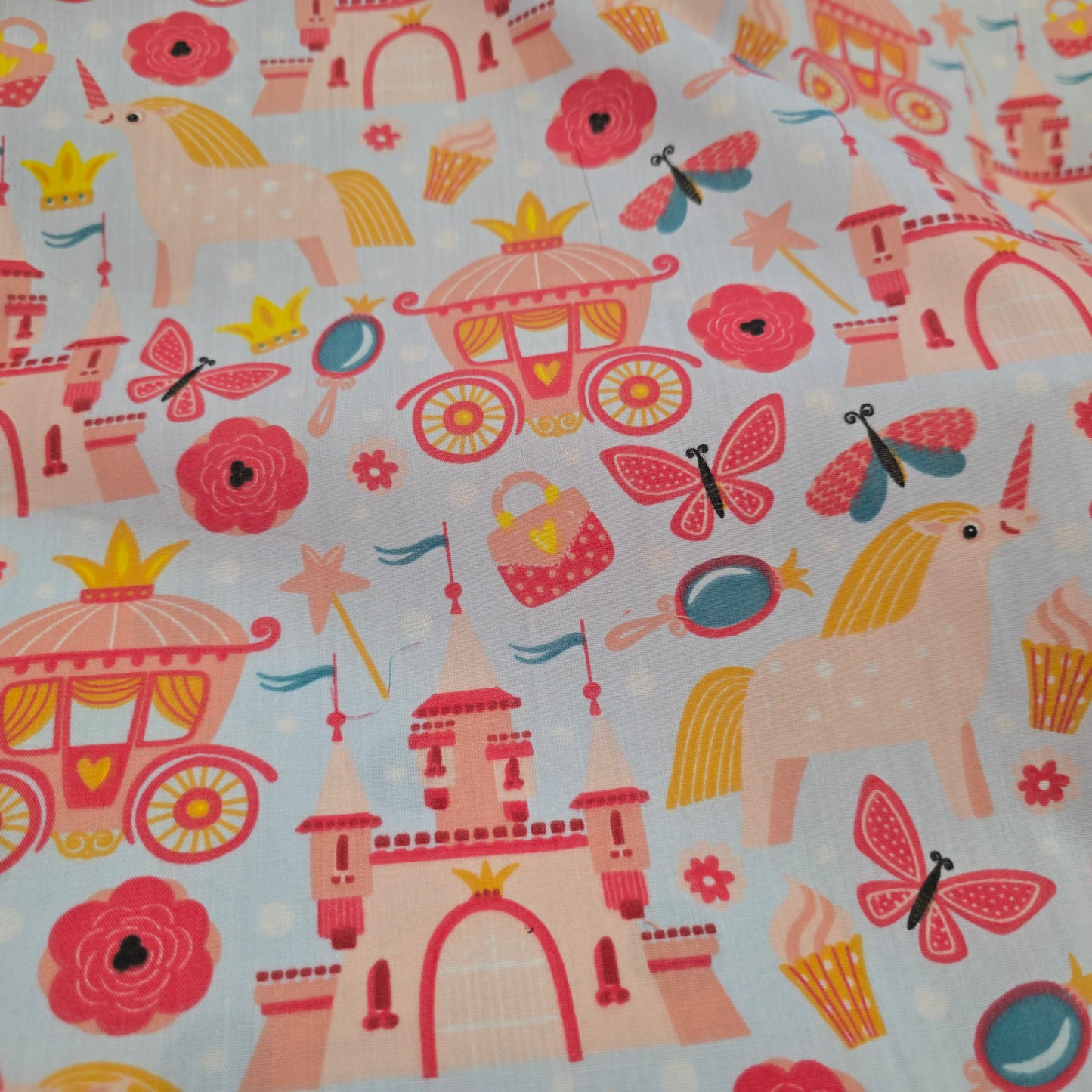 Polycotton Fabric Carriages, Castles & Unicorns on Pale Blue | 112cm Wide