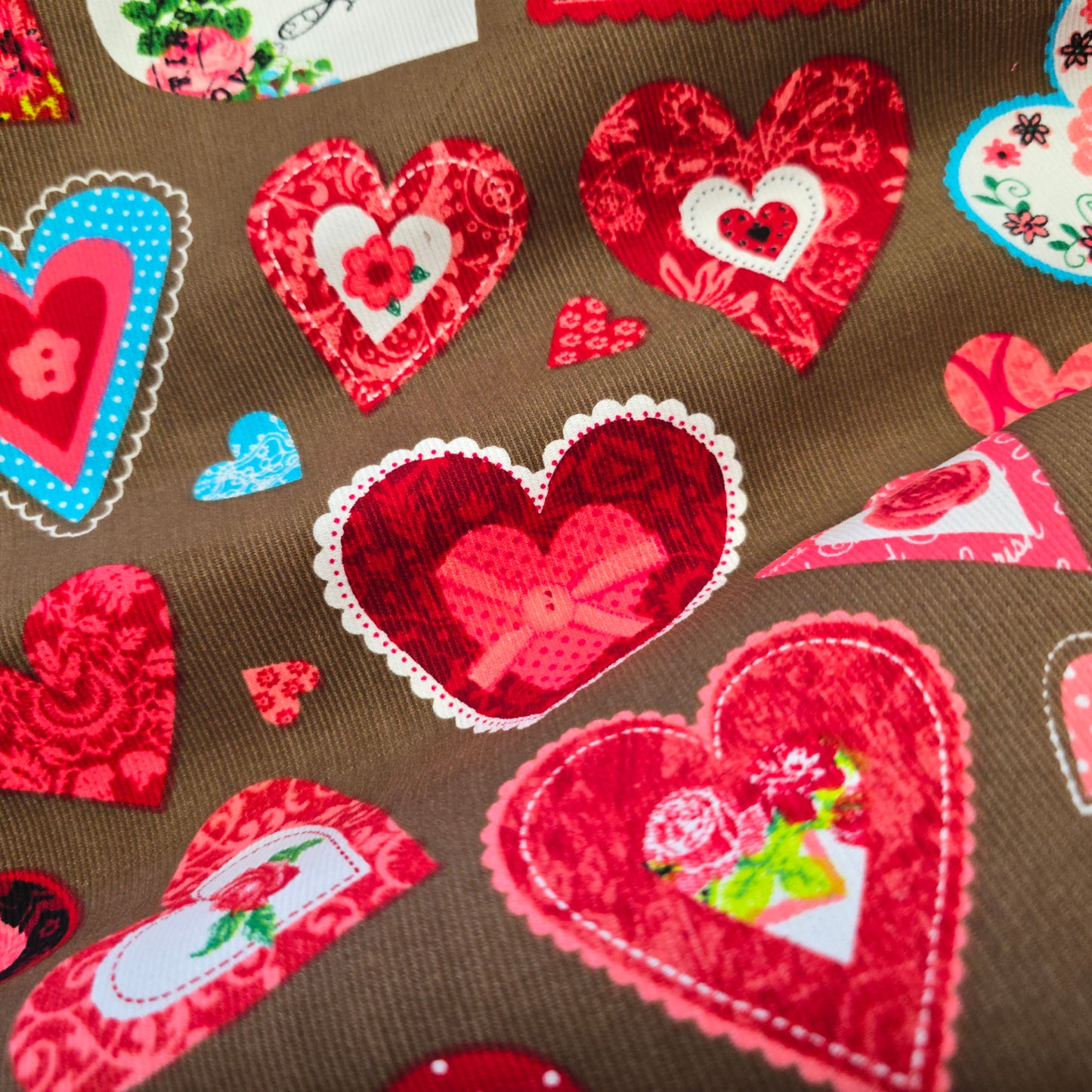 Needlecord Floral Red Pink Hearts on Brown by Poppy Europe | Premium Corduroy Fabric | 147cm Wide