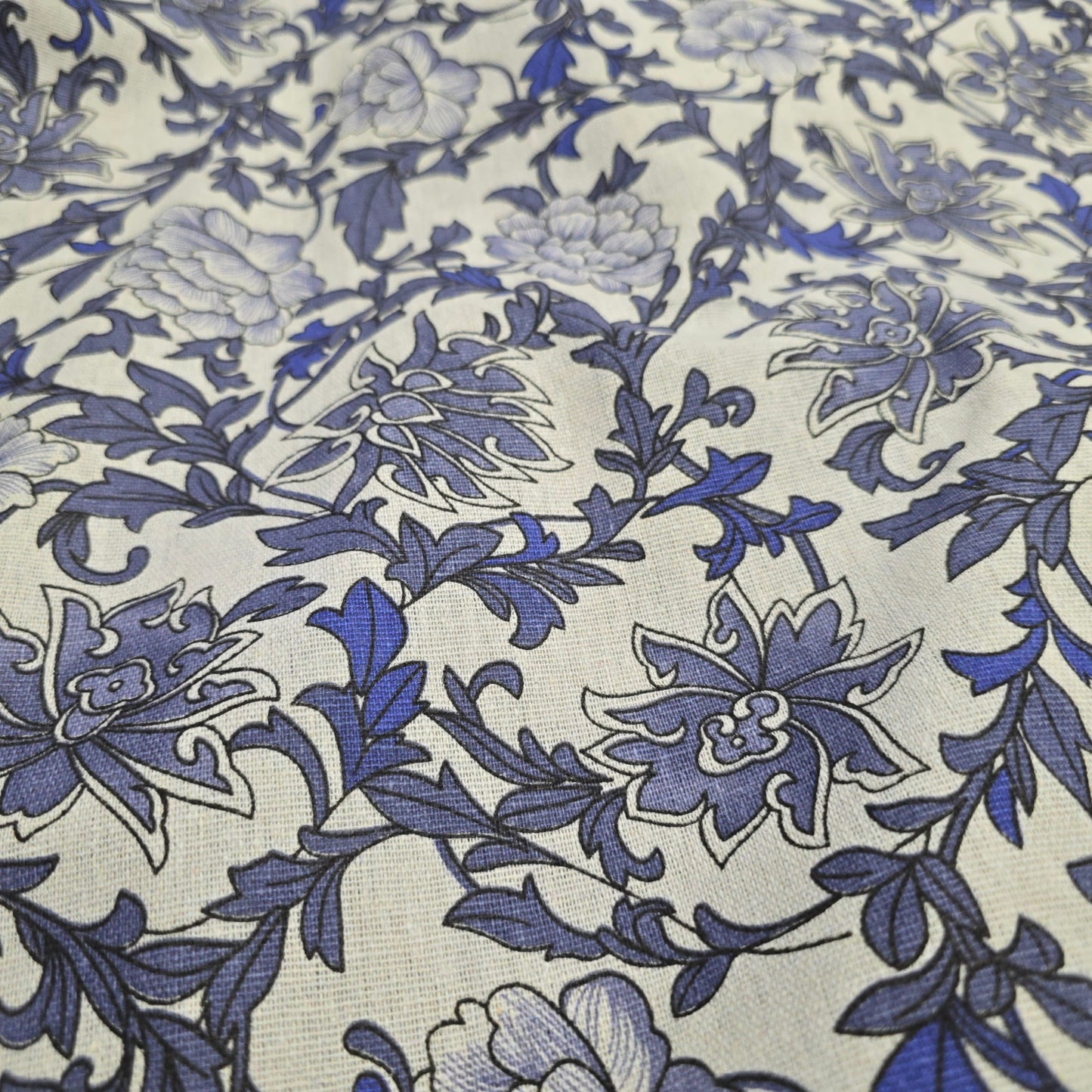 Cotton Mix Canvas Fabric - Blue Floral on Natural 150cm Width