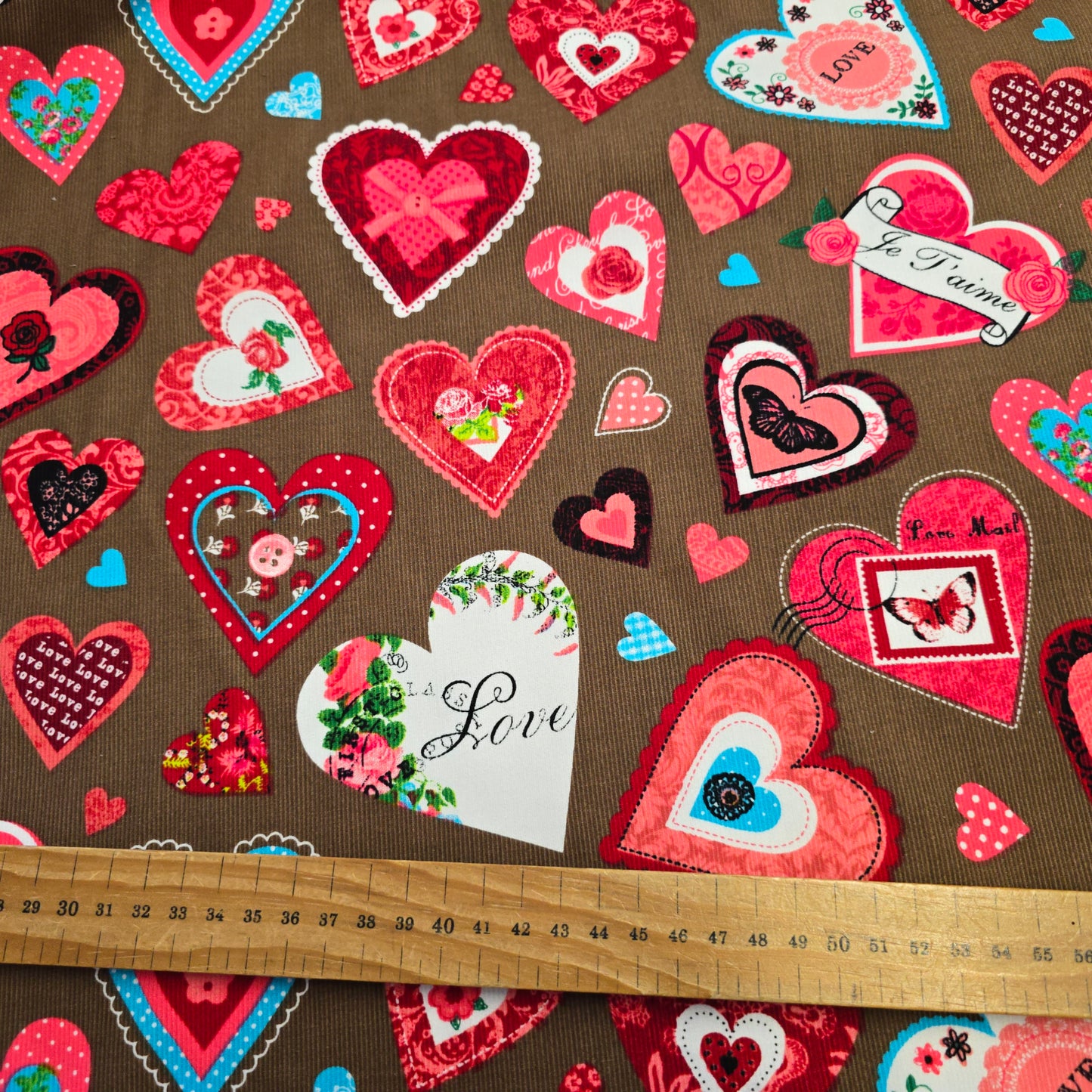 Needlecord Floral Red Pink Hearts on Brown by Poppy Europe | Premium Corduroy Fabric | 147cm Wide