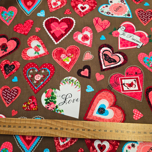 Needlecord Floral Red Pink Hearts on Brown by Poppy Europe | Premium Corduroy Fabric | 147cm Wide
