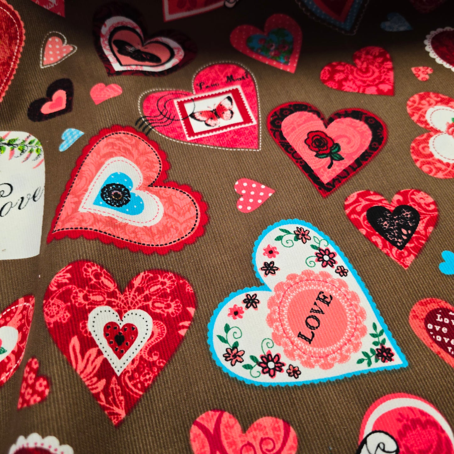 Needlecord Floral Red Pink Hearts on Brown by Poppy Europe | Premium Corduroy Fabric | 147cm Wide