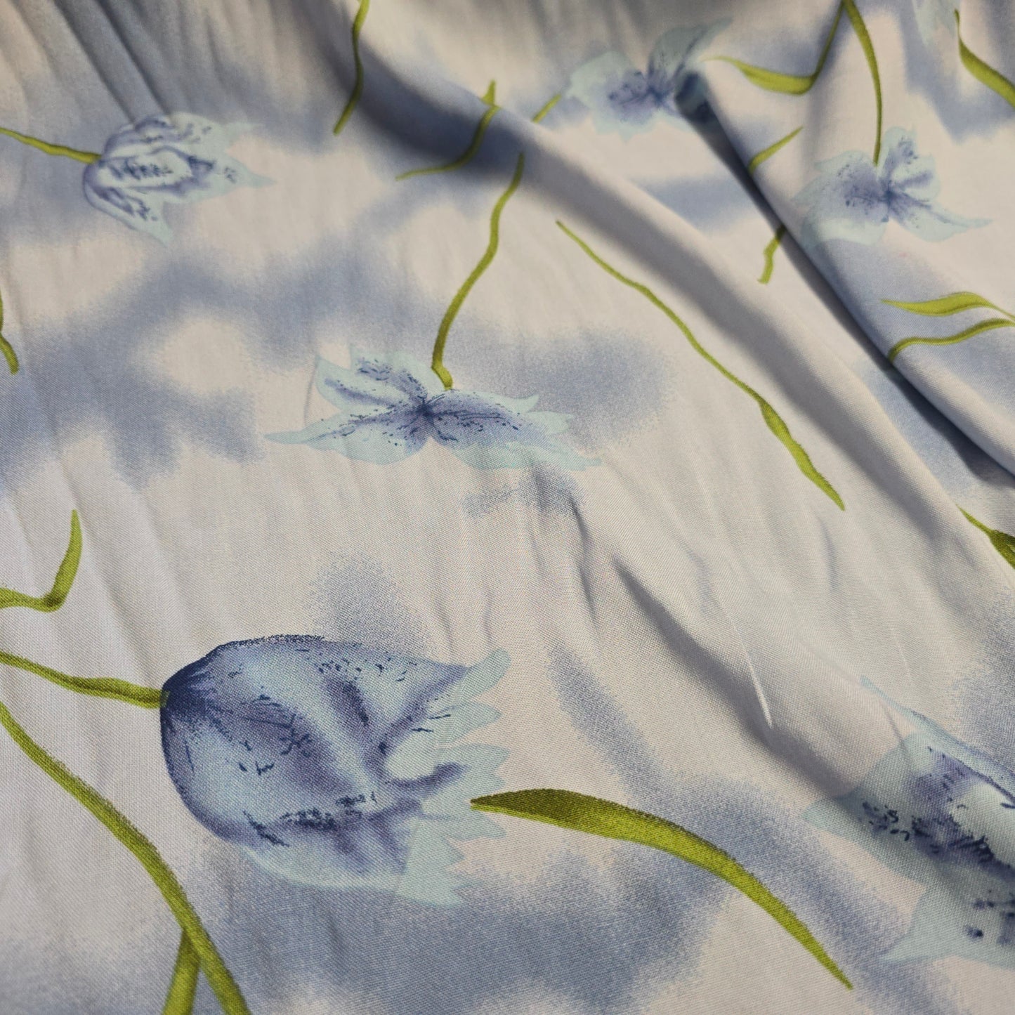 Viscose Dress Fabric Summer Blue and Green Flowers on Blue 145cm Width