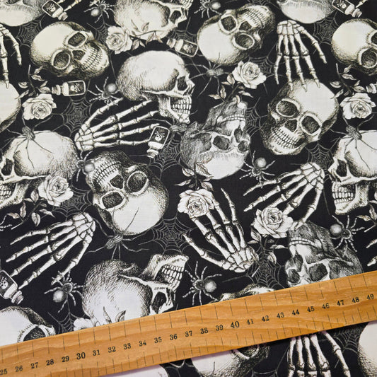 Studio Fabrics Fear Factory Black Skulls Hand Toss Cotton 8341