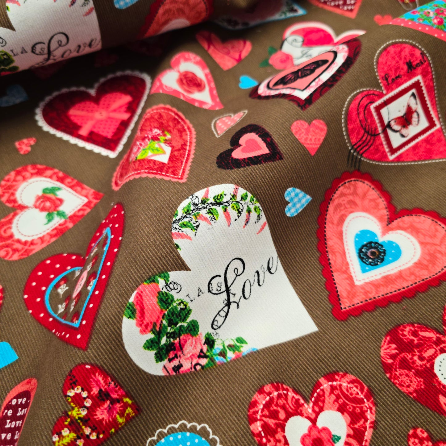 Needlecord Floral Red Pink Hearts on Brown by Poppy Europe | Premium Corduroy Fabric | 147cm Wide