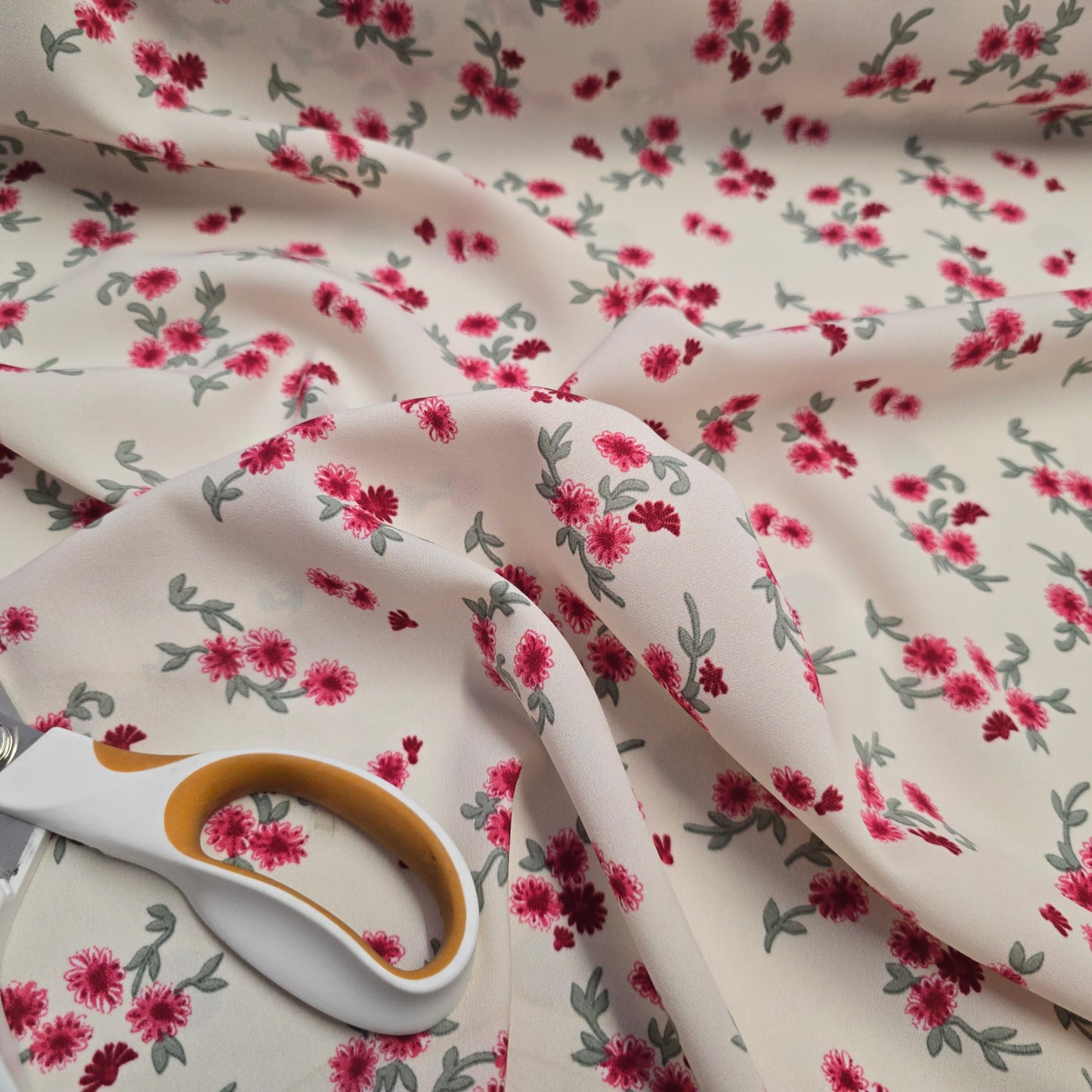 Viscose Dress Fabric Pink Floral on Ivory 145cm Width