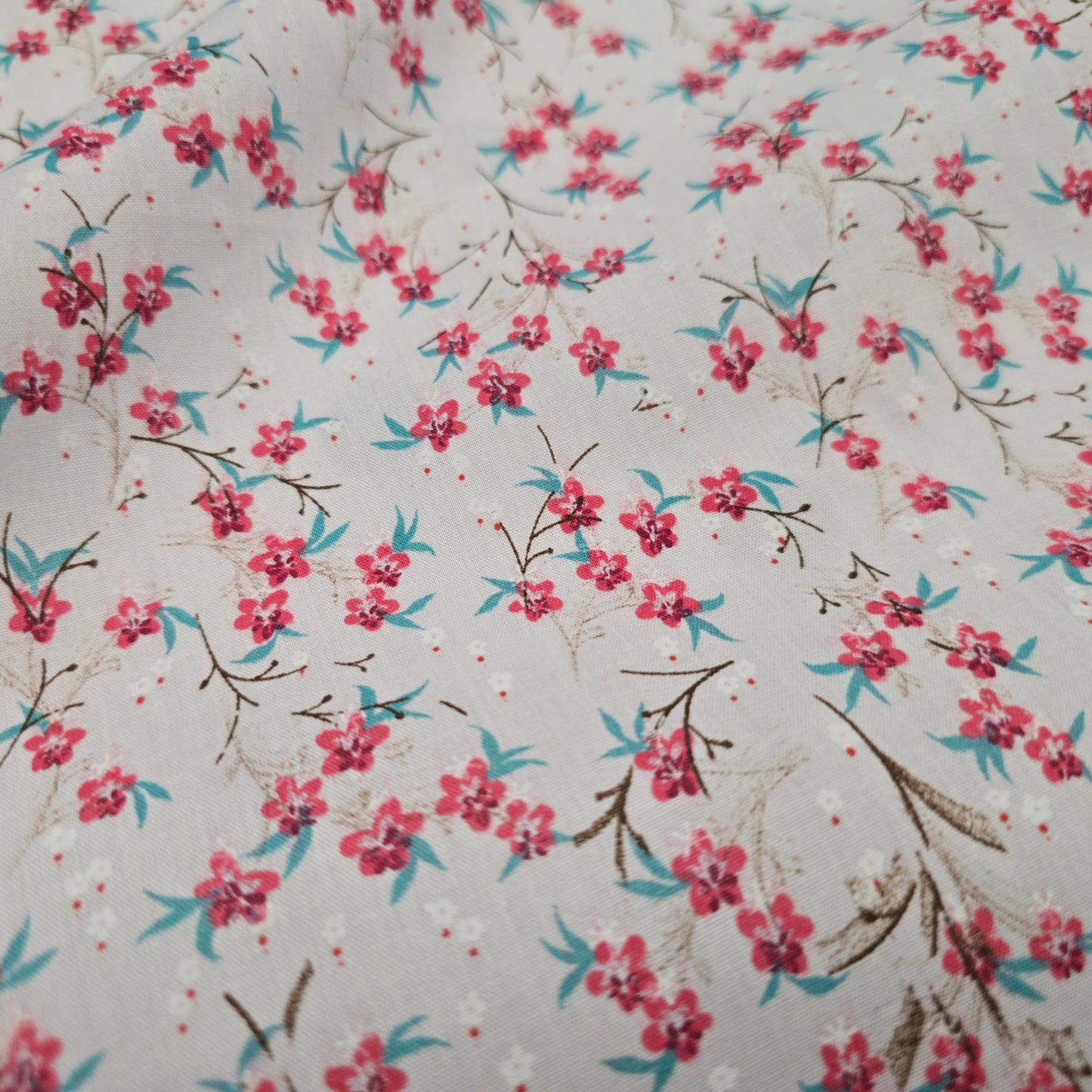 Polycotton Fabric Pretty Red & Blue Flowers on White | 112cm Wide