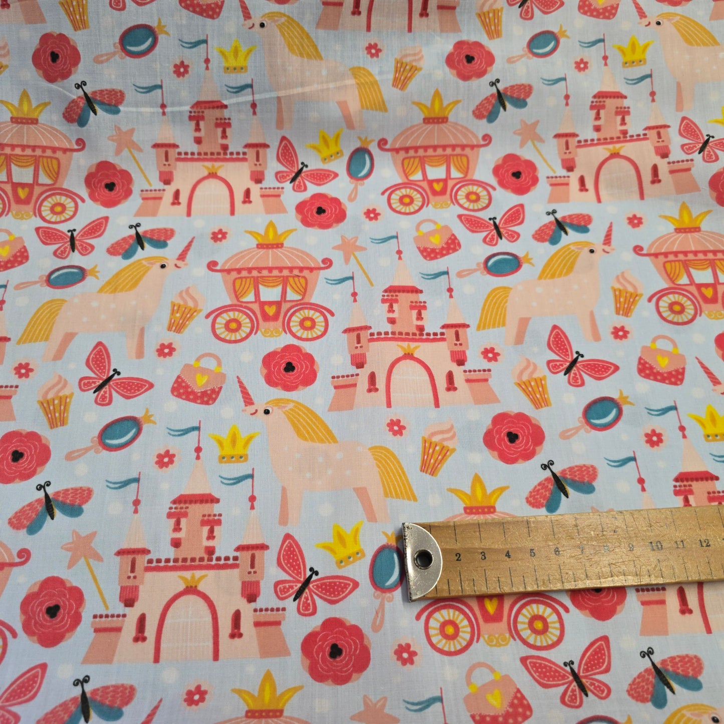 Polycotton Fabric Carriages, Castles & Unicorns on Pale Blue | 112cm Wide