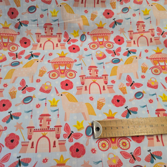 Polycotton Fabric Carriages, Castles & Unicorns on Pale Blue | 112cm Wide
