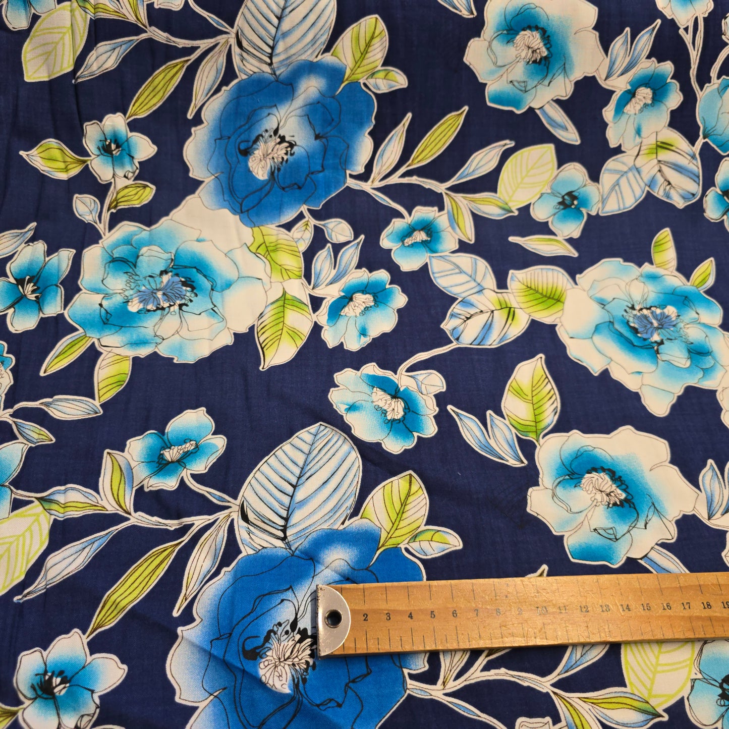 Viscose Dress Fabric Multi Blue Flowers on Navy Blue 145cm Width