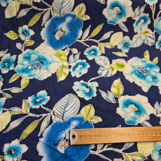 Viscose Dress Fabric Multi Blue Flowers on Navy Blue 145cm Width