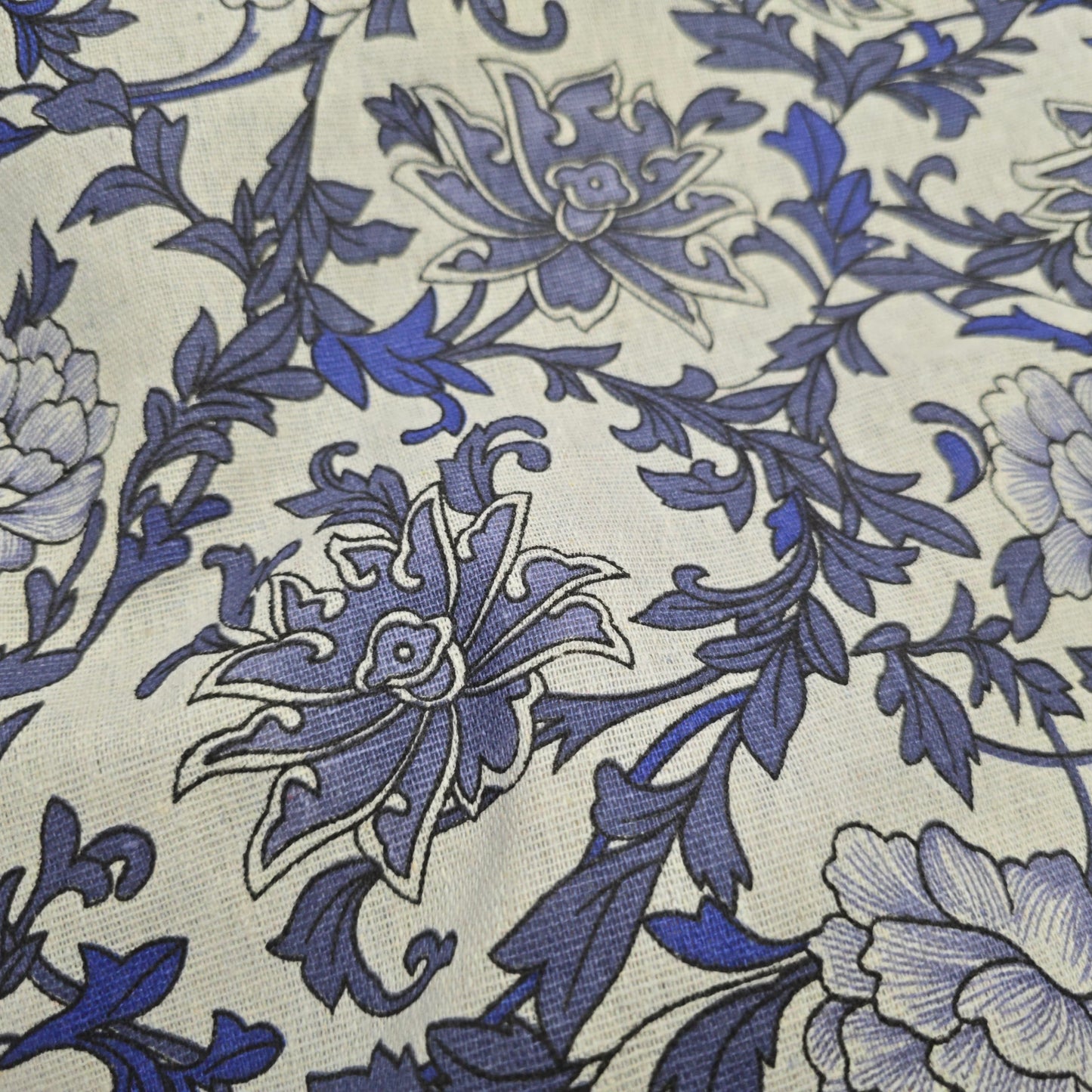 Cotton Mix Canvas Fabric - Blue Floral on Natural 150cm Width