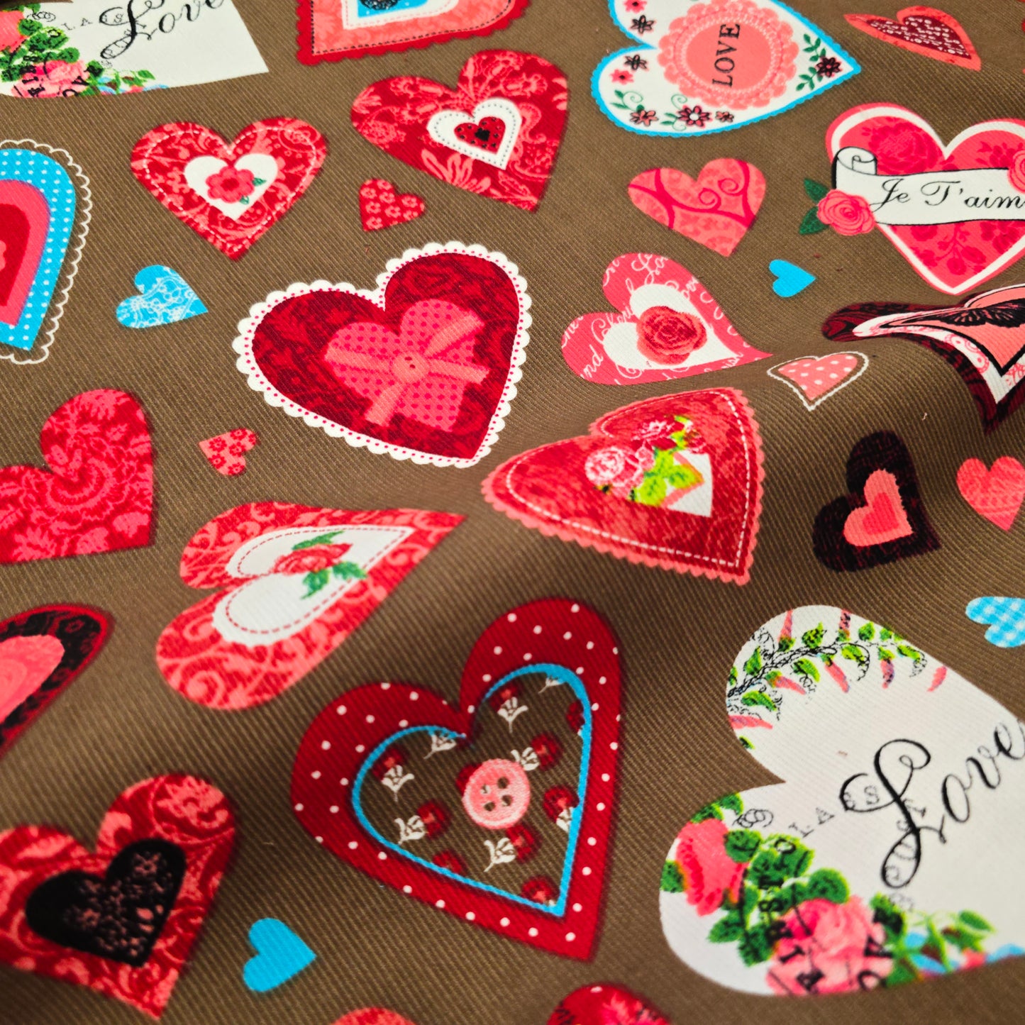 Needlecord Floral Red Pink Hearts on Brown by Poppy Europe | Premium Corduroy Fabric | 147cm Wide