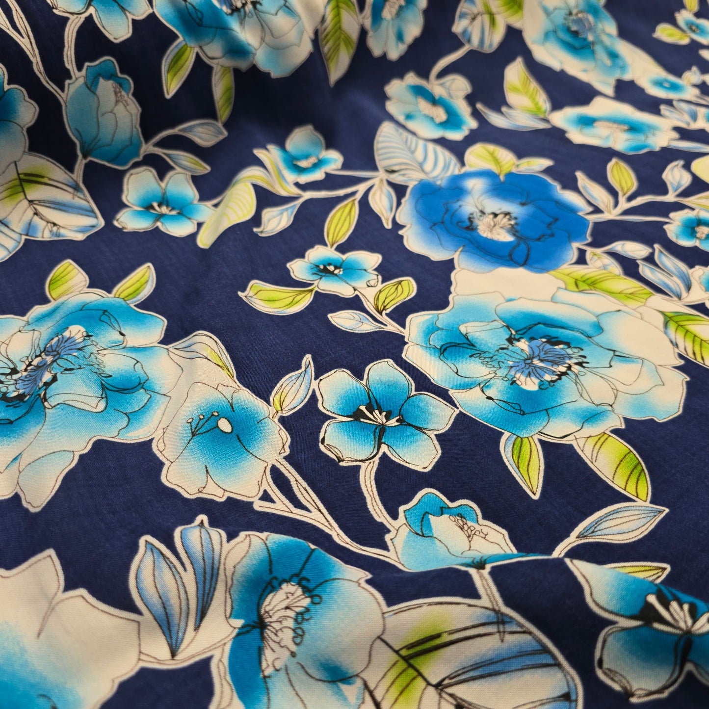Viscose Dress Fabric Multi Blue Flowers on Navy Blue 145cm Width