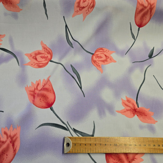 Viscose Dress Fabric Coral Pink Flowers on Lilac and Light Blue 145cm Width