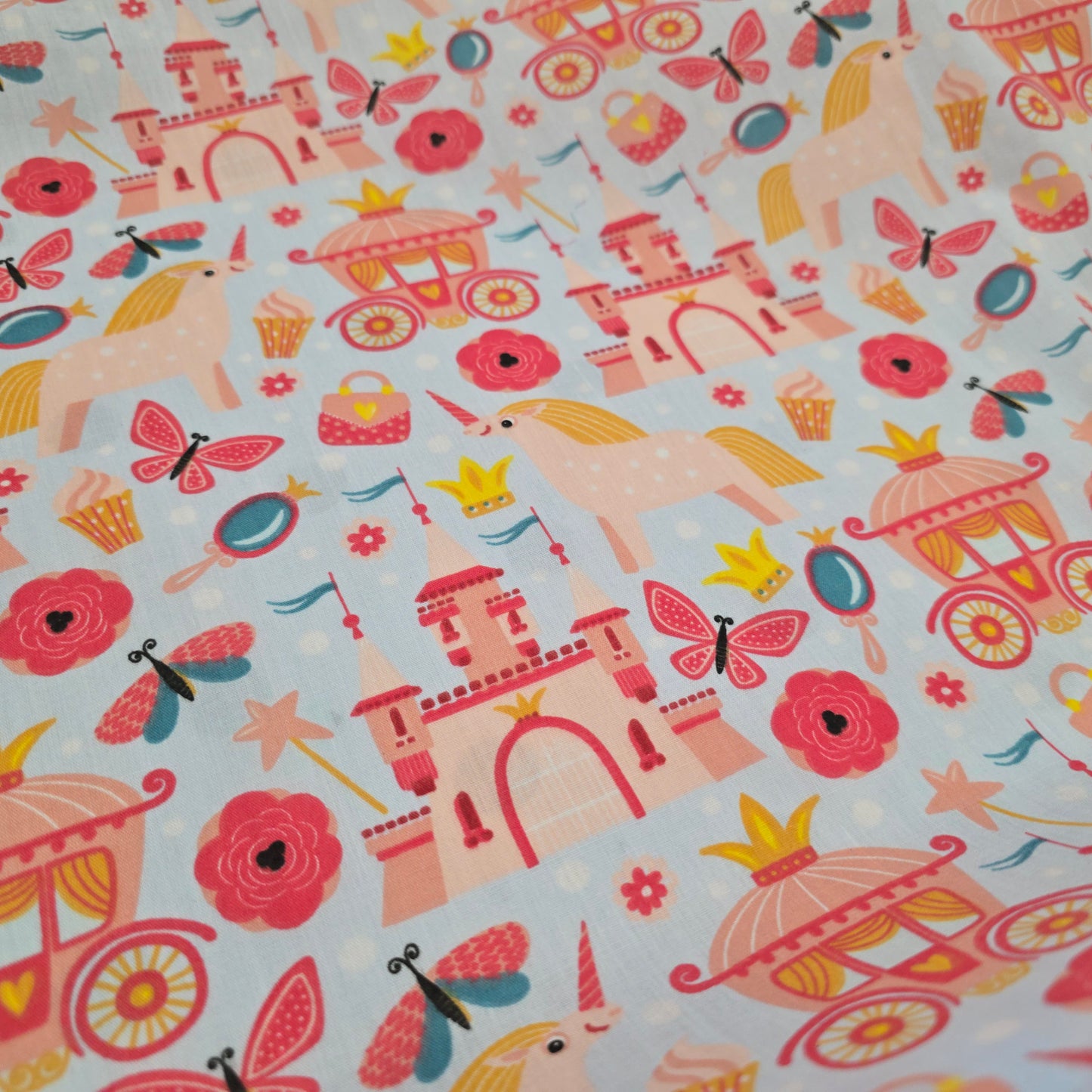 Polycotton Fabric Carriages, Castles & Unicorns on Pale Blue | 112cm Wide