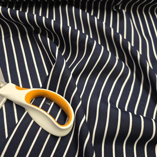 Viscose Dress Fabric White Stripe on Navy Blue 145cm Width