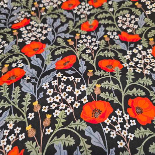 Craft Cotton Company Poppy Meadow on Black - 112cm Wide