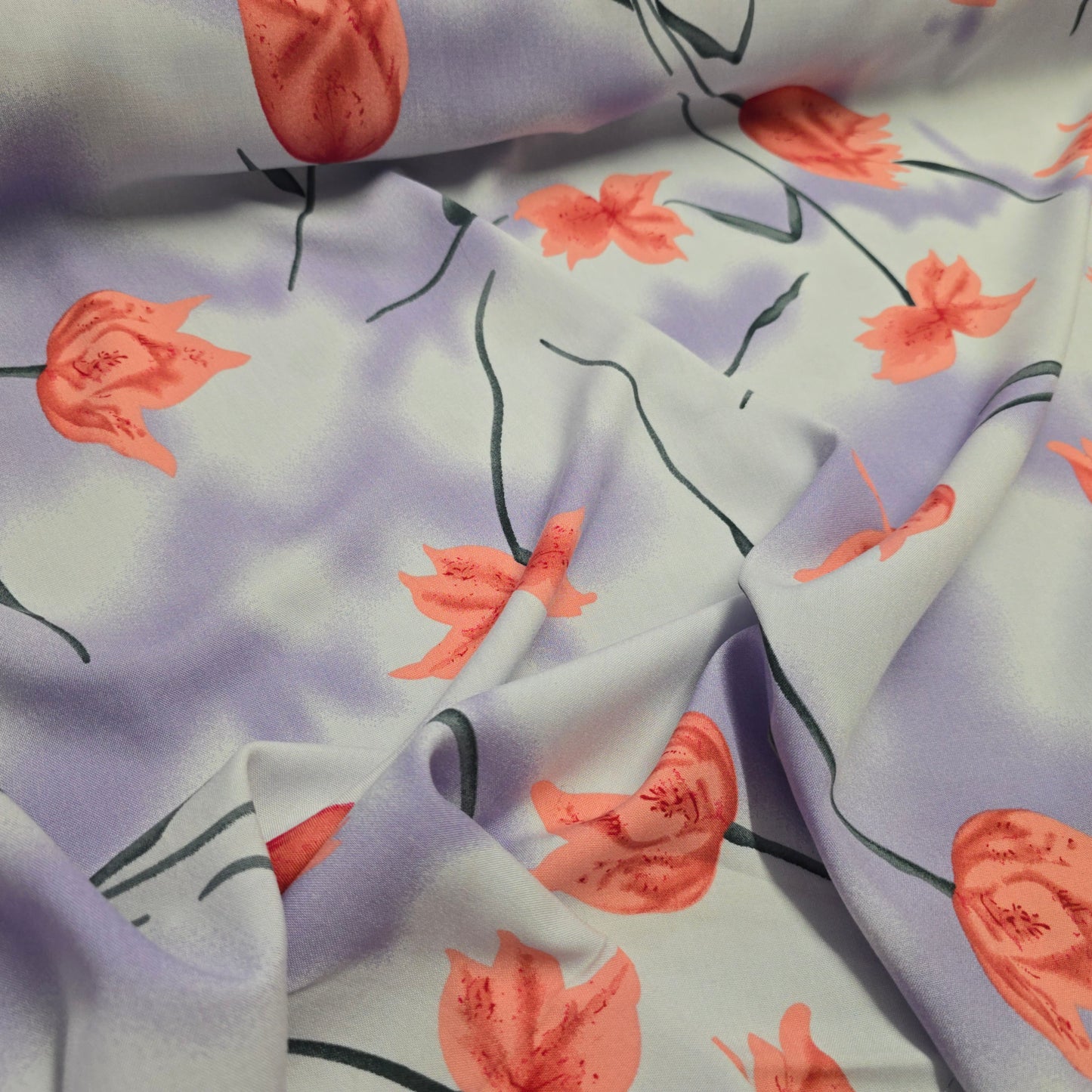 Viscose Dress Fabric Coral Pink Flowers on Lilac and Light Blue 145cm Width