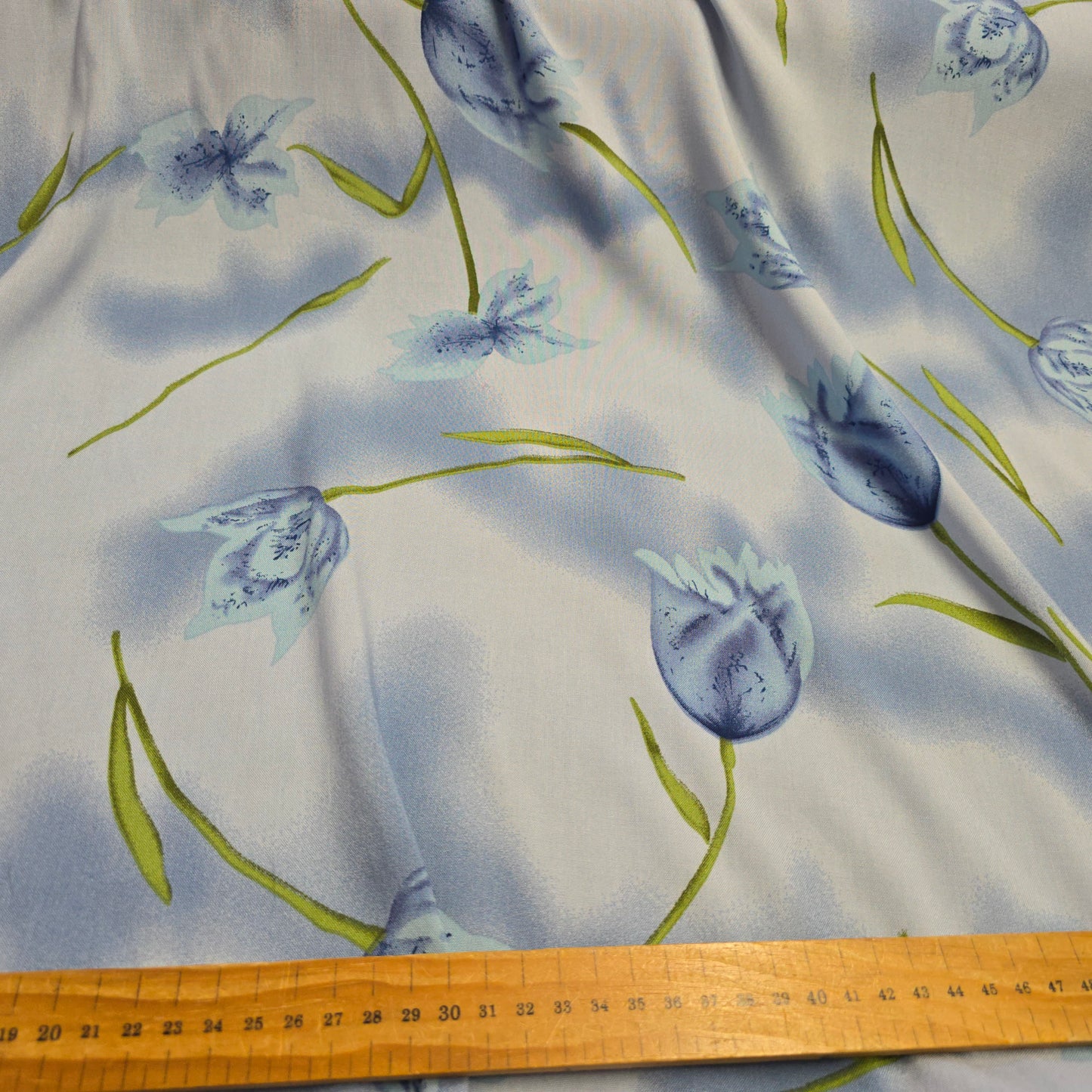 Viscose Dress Fabric Summer Blue and Green Flowers on Blue 145cm Width