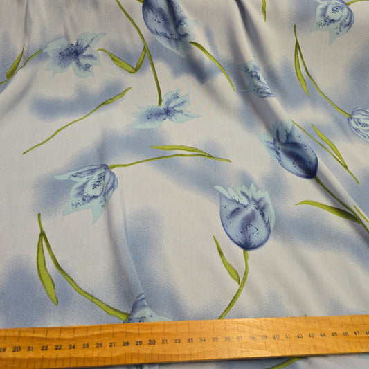 Viscose Dress Fabric Summer Blue and Green Flowers on Blue 145cm Width