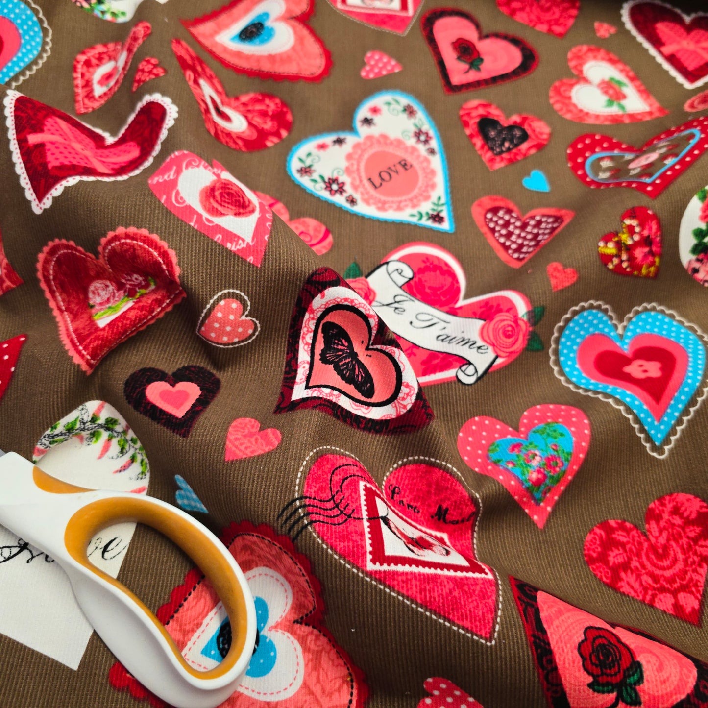 Needlecord Floral Red Pink Hearts on Brown by Poppy Europe | Premium Corduroy Fabric | 147cm Wide