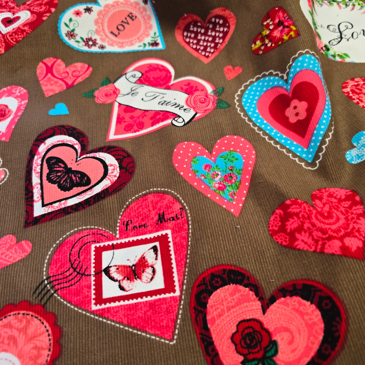 Needlecord Floral Red Pink Hearts on Brown by Poppy Europe | Premium Corduroy Fabric | 147cm Wide