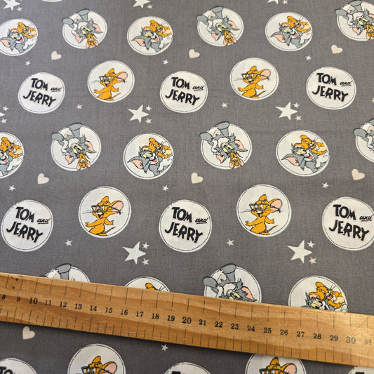Tom and Jerry Cartoon Cotton Fabric on Grey by Camelot | 112cm Wide