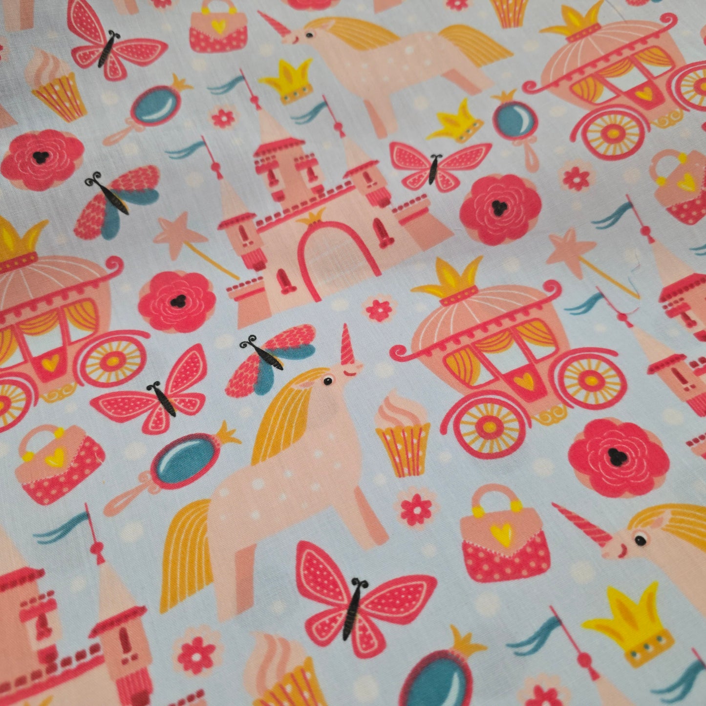 Polycotton Fabric Carriages, Castles & Unicorns on Pale Blue | 112cm Wide