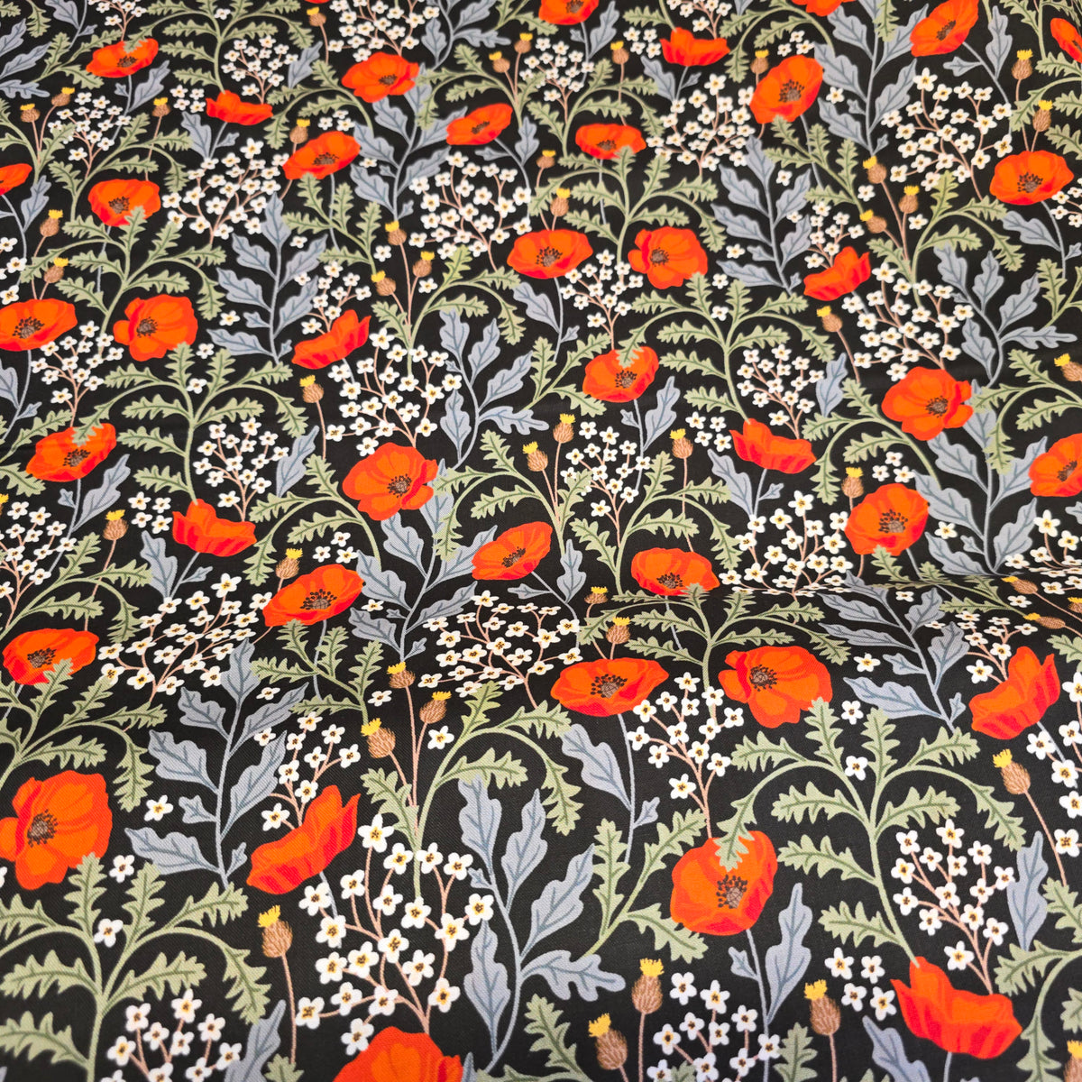 Craft Cotton Company Poppy Meadow on Black - 112cm Wide