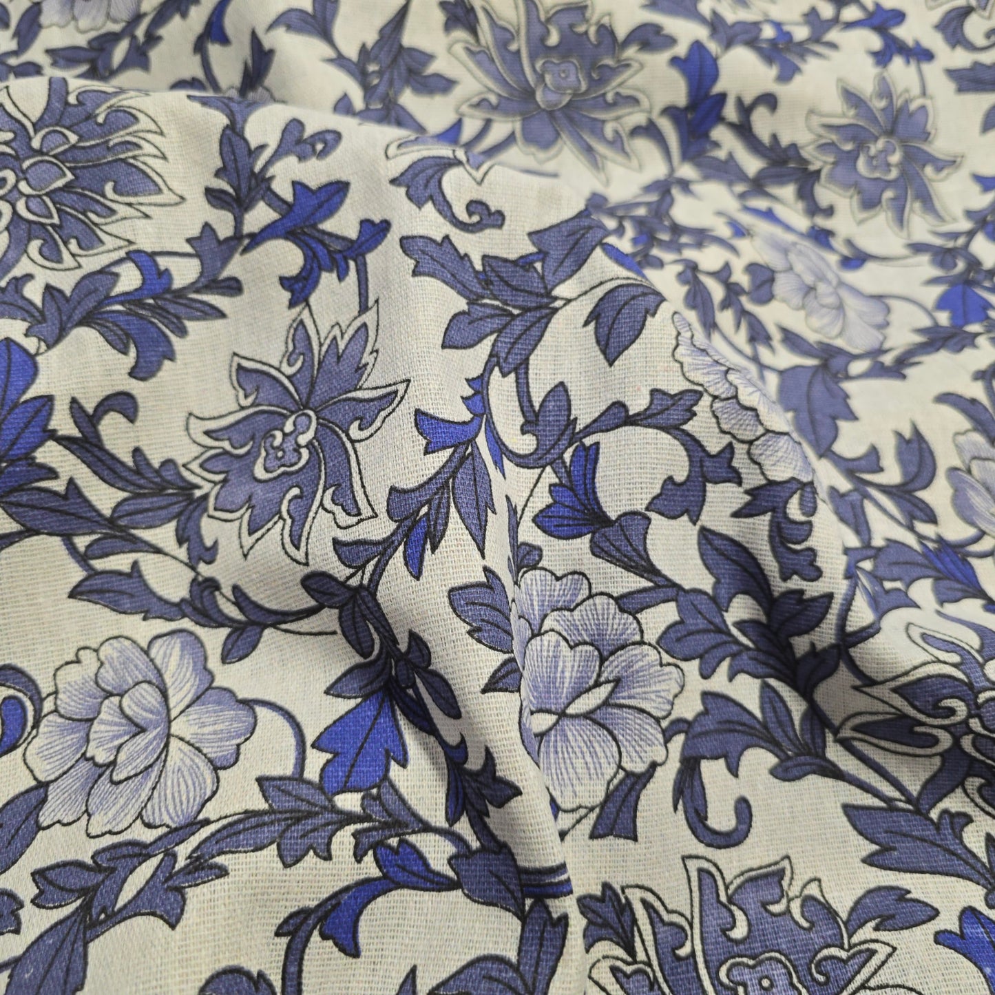Cotton Mix Canvas Fabric - Blue Floral on Natural 150cm Width