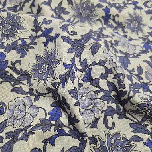 Cotton Mix Canvas Fabric - Blue Floral on Natural 150cm Width