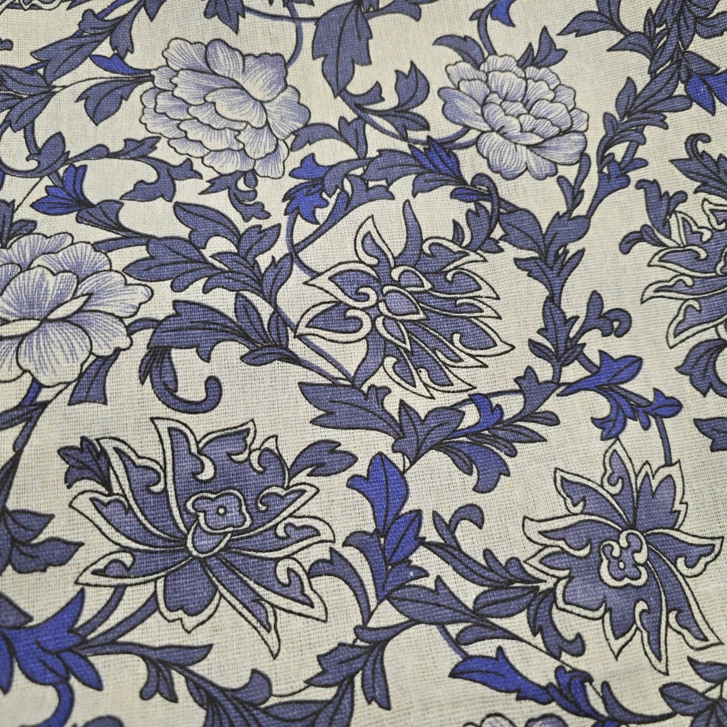 Cotton Mix Canvas Fabric - Blue Floral on Natural 150cm Width