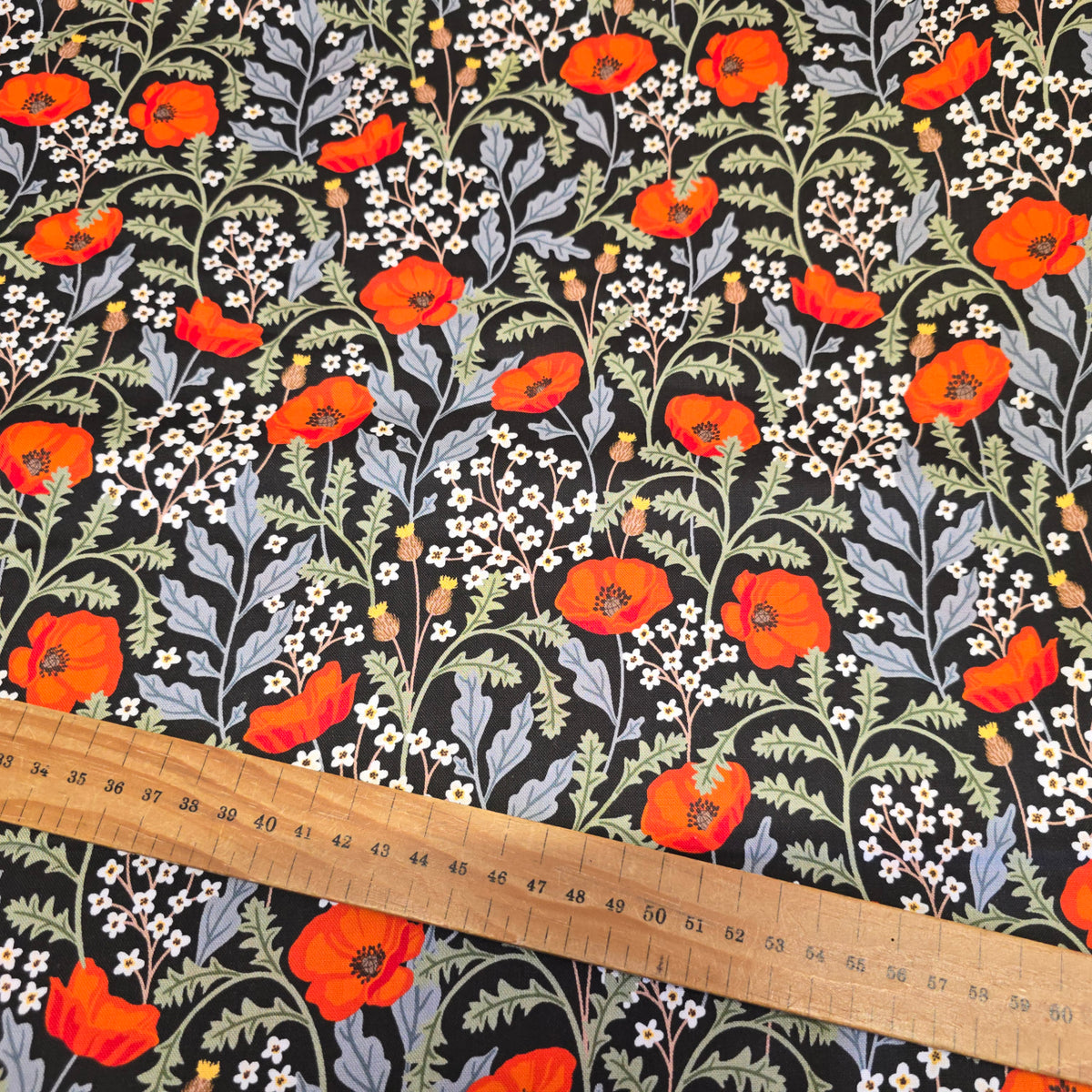 Craft Cotton Company Poppy Meadow on Black - 112cm Wide