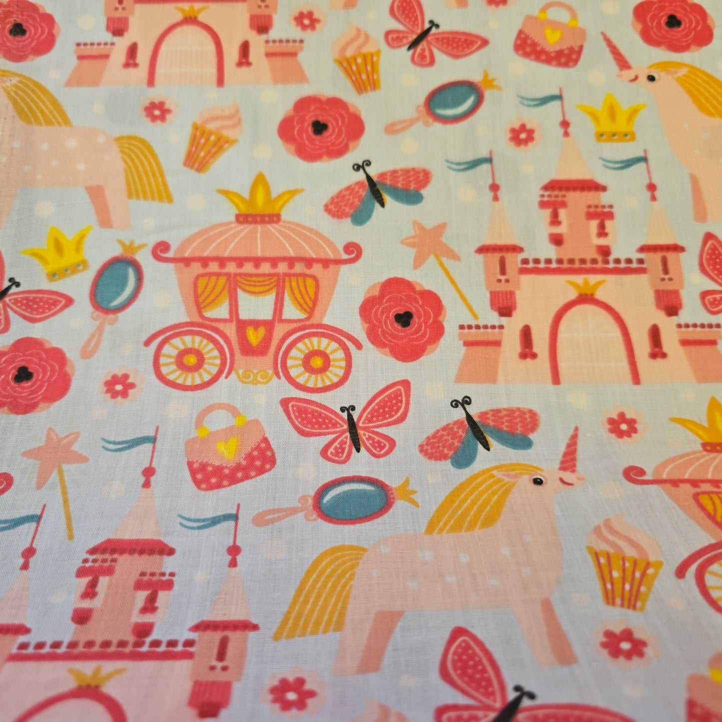 Polycotton Fabric Carriages, Castles & Unicorns on Pale Blue | 112cm Wide