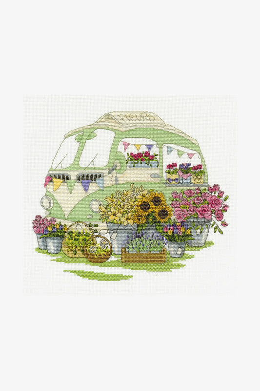 DMC Les Fleurs Flowers Around a Camper Cross Stitch Kit - 1960s Florist Van Design