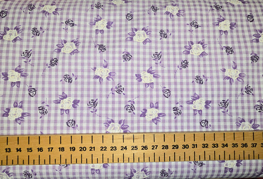 Polycotton Gingham Flower Lilac 3mm Limited! Cotton Rich!